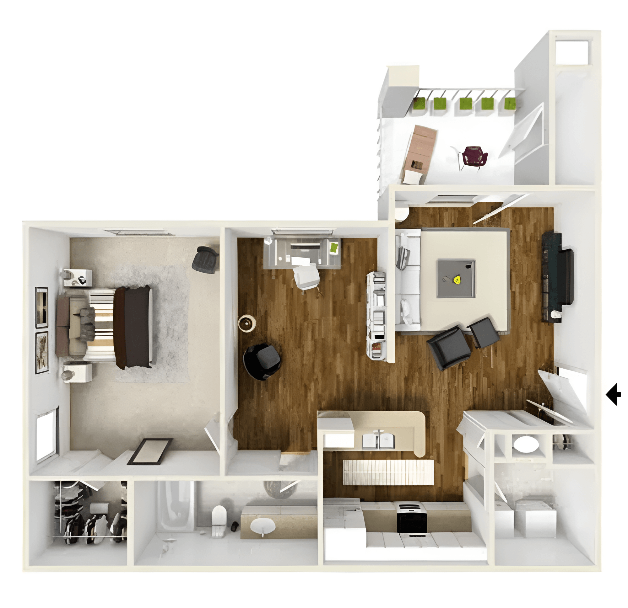 Floor plan for 1 bed, 1 bath, 853 sqft
